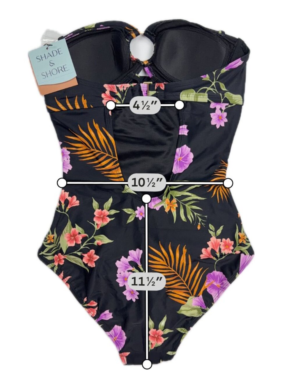 Shade & Shore Black Tropical Floral Bandeau One Piece Swimsuit Ruched Small NWT - Picture 5 of 14